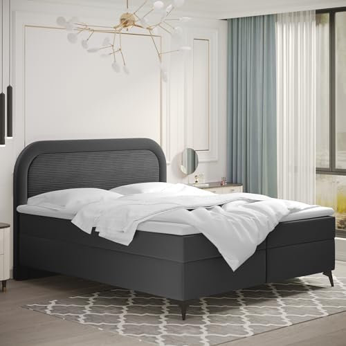Kaiser Möbel Valentino Boxspringbett mit bettkasten 160 x 200 cm matratze Topper Doppelbett Bettgestell Stilvoll Schlafzimmer Rahmenbettgestell POSSO Stoff Dunkelgrau