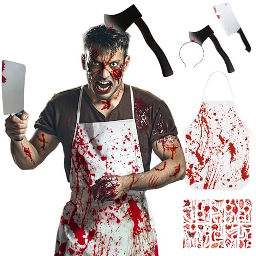Halloween Kostüm Herren, Metzger Kostüm, Metzgerschürze mit Messer Halloween Axt Im Kopf und 10 Stück Halloween Narben Tattoos, Horror Kostüm Halloween Accessoires für Halloween Party Cosplay