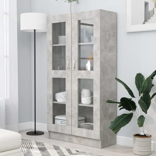 Iiaky Vitrine Cabinet Concrete Grey 82.5x30.5x150 cm Engineered Wood,High Gloss Fronts Living Room Cupboard Display Unit Cabinet Sideboard Free Standing Bookcase Storage