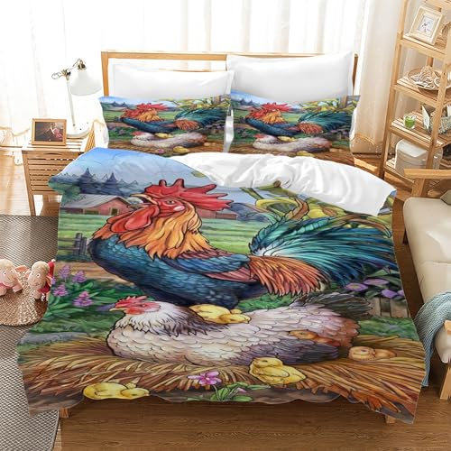 EXSANLIEAY Henne Bettwäsche 200x220 - Hahn Wendebettwäsche, Weiche & Atmungsaktiv Microfaser Bettbezug + 2 Kissenbezug 80x80, Angenehme bettwäsche-Sets, 3 Teiligmit Reißverschluss