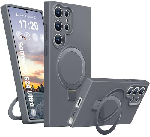 BENTIACC Coque Silicone Liquide pour Samsung Galaxy S24 Ultra, Anneau de Support magnétique, Étui de Protection Antichoc 4 Couches, Doublure en Microfibre Souple antirayures pour Samsung S24u (Gris)