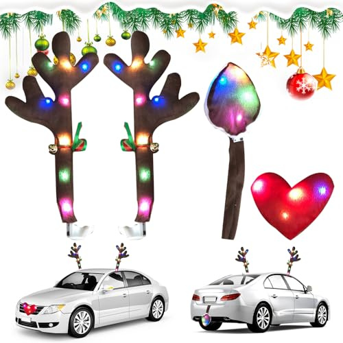 iKALULA Rentier Weihnachtsdeko Auto, Rentiergeweihe Auto Weihnachtsdeko mit LED Lichter, Auto Deko Weihnachten mit Elchgeweih, Nase und Schwanz, Rudolf Rentier Auto Weihnachtsdeko für Auto SUV Van