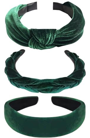 Yeomju 3 Stück Samt Haarreif Geflochtenes Dirndl Haarschmuck, Breites Gepolstertes Haarband mit Knoten für Damen und Mädchen Vintage Kopfband in Dunkelgrün für Karneval und Mottoparty