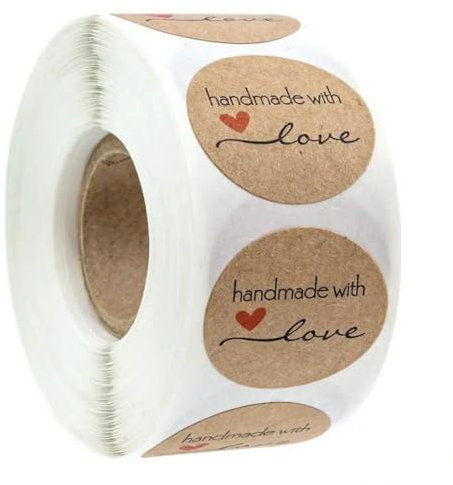 Handgemachte/Selbstgemachte Aufkleber mit Liebe, Handmade with love, 500 Stück auf einer Stickerrolle, runde Siegel, selbstklebend, Etiketten (Herz)