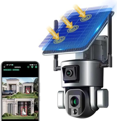 Caméras à énergie solaire for la sécurité de la maison en extérieur, caméra de sécurité sans fil à double objectif 4 MP avec carte mémoire de 128 Go, WiFi 2,4 GHz, PIR, projecteur avec sirène, vision
