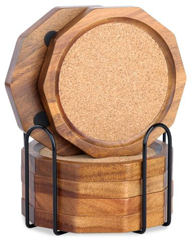 LiWiBet Untersetzer Gläser Holz, 6 Stück Untersetzer aus Akazienholz mit Halter, Glasuntersetzer Kork Holzuntersetzer Getränkeuntersetzer Tischuntersetzer, für Getränke, Glas, Tassen, Bar