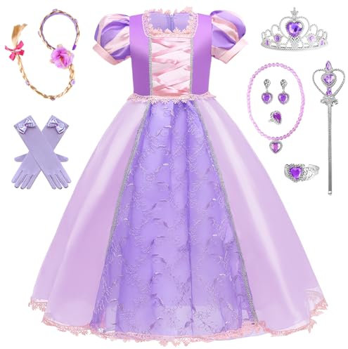 yecwkaz Vestito da principessa rapunzel con accessori costume rapunzel per ragazze in tulle maxi costume compleanno festa Halloween Natale partito carnevale Cosplay abito da sera, 140 cm