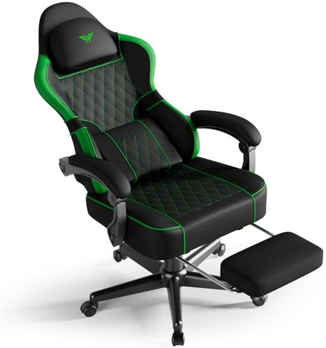 Ferghana Silla Gaming Ergonómica con Masajeador,Silla Gamer en Cuero PVC Transpirable,Soporte Lumbar de Masaje,Reposacabezas,Reposapiés,Silla de Oficina,Silla Ergonómica de PC (Verde,Cuero PVC)