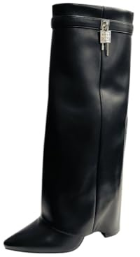 Women Padlock Details Knee High Fold Over Ladies Block Heel Boots (Black, UK Footwear Size System, Adult, Women, Numeric, Medium, 6)
