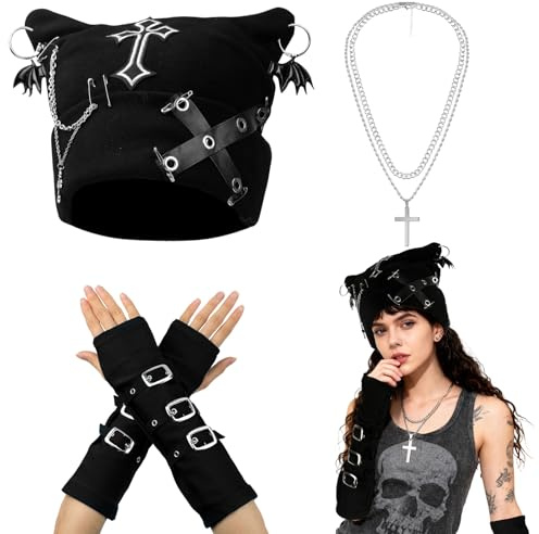 Y2K Strickmütze mit Ohren Beanie Mütze mit Katzenohren Gothic Grunge Katzenmütze Grunge Emo Accessoires Punk Handstulpen Armstulpen Punk Kreuz Kette Alternative Streetwear Accessoires für Frauen