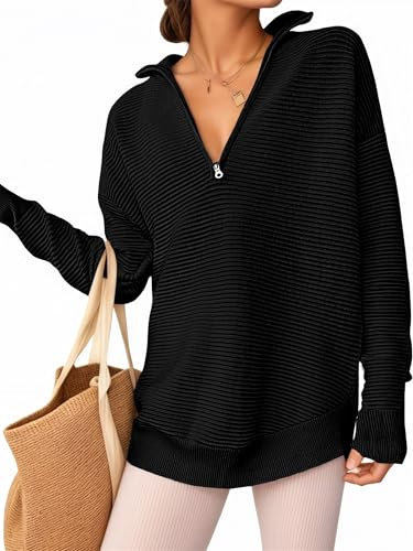Oyamiki Jumpers for Women UK Long Sleeve Sweaters Loose V Neck Pullover Casual Half Zip Sweatshirt Ribbed Knit Tops
