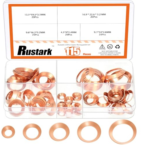 Rustark Kit assortito di guarnizioni svasate in rame da 45 gradi, 115 pezzi, 5 misure, raccordi svasati per tubi svasati per condizionatori d'aria e accessori per refrigerazione