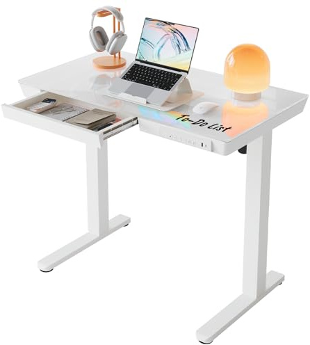 HUANUO ONE PIECE Standing Desk with Drawer, 88x50cm, White Glass | Glass or Wood Top, USB-A/C Charging, Pull-out Drawer, 3 Memory Heights, 72-118cm Range, 50k Lift Cycles, Easy Assembly.