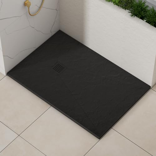 Luxor Rectangular 1000 x 800 x 30mm Black Slate Effect Stone Shower Tray Slip-Resistance for Shower Enclosure with Black Cover Grate