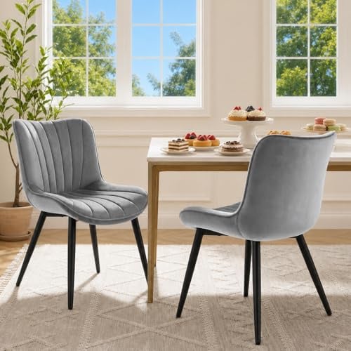 Hellove Lot de 2 Chaises de Salle à Manger Velours Gris – Chaise Scandinave Moderne sans Accoudoir, Chaise de Cuisine Confortable, Chaise Rembourrée pour Salon & Salle à Manger