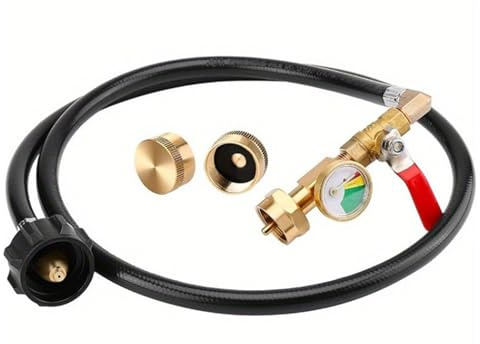 Peosaard Propane Refill Adapter, Propane Adapter 20lb to 1lb Converter 3FT Hose Refill with Pressure Gauge & Valve Heavy-Duty Brass QCC1/Type 1 Connector, Tank