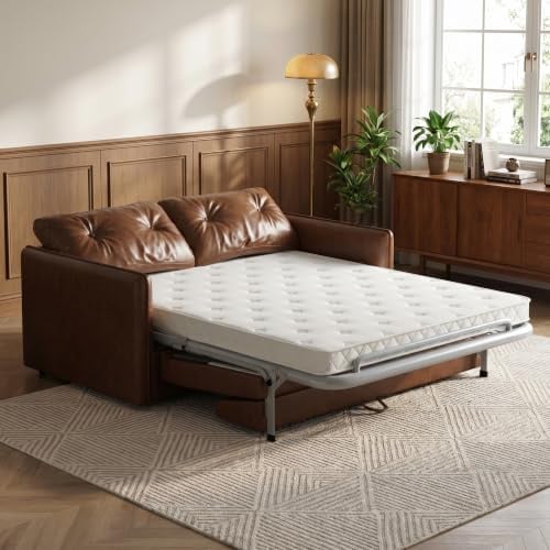 KAANAA Schlafsofa 160 cm, Sofa mit matratze, Braun | 160 cm Breite, 3-in-1 Funktion, 10 cm Matratze, Lederoptik, Stahlgestell, Ausziehbar, Bis 272 kg belastbar
