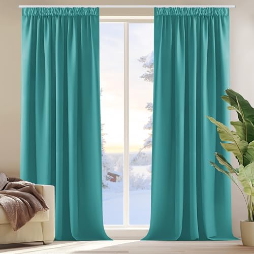 Deconovo Pencil Pleat Curtains Energy Saving and Noise Reducing Thermal Insulated Blackout Curtains for Bedroom W55 x L102 Inch 2 Panels Turquoise