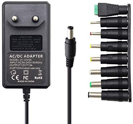 Abakoo Universal 12V 3A Netzteil Ladegerät 36W für 12V Haushalts Elektronik LED Streifen 3000mA mit DC Plug 5,5/2,1mm Adapter- 140cm, mit 8 Stecker