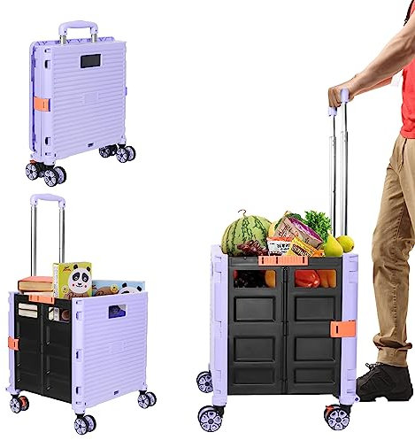 Einkaufstrolley, Klappbar Transport Trolley, Shopping Cart, Trolley mit Deckel, Faltbar Einkaufstrolley Einkaufswagen Faltbox lila, bis 50kg, Teleskopgriff Ausziehgriff Aluminium Kunststoff