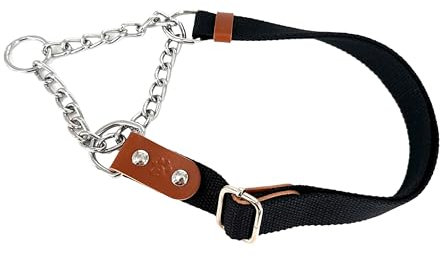 Martingale Zugstopp Halsband für Hunde mit Kette und Leder. Zughalsband für Kleine. S. Schwarz & Cognac