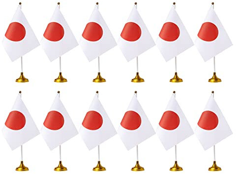 ZXvZYT Japanische Flagge, japanische Schreibtischflagge, kleine Mini-Japan-Tischflaggen mit Standfuß, Dekorationen (12 Stück)