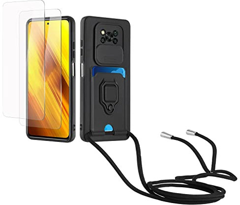 Kaslly Funda con Cuerda para Xiaomi Poco X3/X3 Pro/X3 NFC+[2 Pack Protector Pantalla],Case con Ranura para Tarjetas,Cubierta de Cámara Deslizante Proteger,Doble Cara Protección-Negro