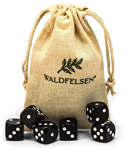 Waldfelsen 6, 12, 20, 30 o 50 dadi di alta qualità, dimensioni standard 16 mm, dadi acrilici, dadi da gioco, 6 lati, set di accessori da gioco con sacchetto di stoffa (nero, 6 pezzi)