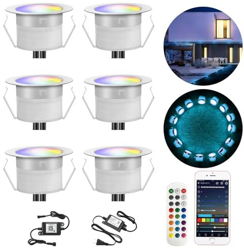 INDARUN RGBW WiFi LED Bodeneinbauleuchten Aussen Ø45mm Terrasse Einbaustrahler IP67 Wasserdicht Boden Licht Led Terrassenbeleuchtung für Küche Garten Treppen 6er Set