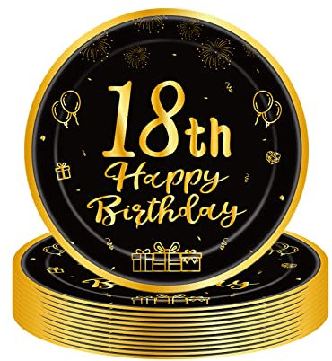 COSORO 16Pcs Black Gold 18th Birthday Paper Plates 9'', Tableware Party Plate Disposable, Happy Table Decorations Gifts for Girls, Boys, Him, Her Supplies