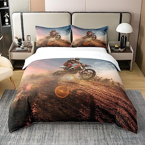 Motocross Rider 100% Baumwolle Bettbezug 155x220 Dreck Fahrrad Bettwäsche 100% Baumwolle Set Motorrad Extreme Sport Motorrad Sonnenuntergang Land Zweig Bettbezug Tröster Abdeckung mit 1 Kissenbezug