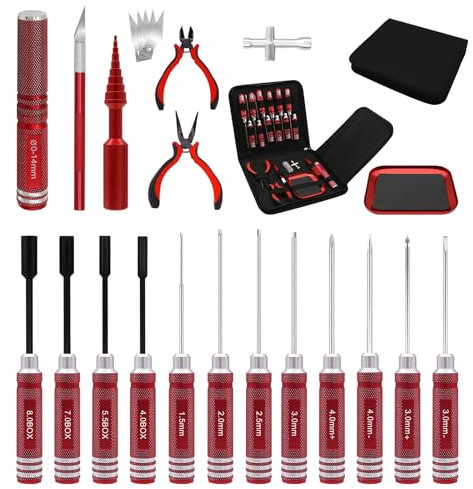 19 in 1 RC Werkzeugsatz, RC Schraubendreher Tools Set Sechskant Sechskantmutter Kreuzschraubendreher Schlitzschraubendreher Zange RC Reparatur Set für 1/8 1/10 Traxxas Axial Arrma DJI Drohnen Rot