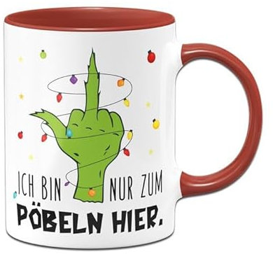 Tassenbrennerei Grinch Tasse - Ich bin nur zum Pöbeln hier - Weihnachtstasse lustig, Kaffeetasse mit Spruch - Weihnachts-Deko, Bürotasse (Rot)