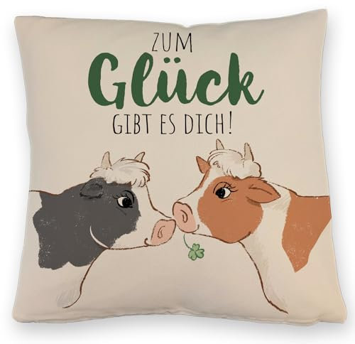 speecheese Kuh-Paar Kissen mit Leinenoptik mit Spruch Zum Glück gibt es Dich EIN liebevolles DekoKissen mit Leinenoptik für das Sofa Kuh Motiv Frauen Geburtstag Kuscheliger Kissen mit