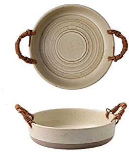 ZzzaNa Plato con Mango de Doble Oreja de Estilo palaciego, Plato Hondo for el hogar, tazón de Sopa, vajilla de cerámica de ratán Cuencos