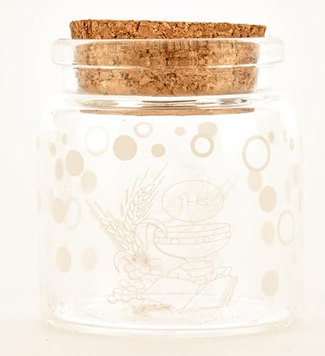 Doni Bomboniere Communion Lot de 48 bocaux en verre décoré avec marque-places pour dragées, épices, symboles calice et hostie, bouchon liège, idées cadeaux complètes originales bon marché