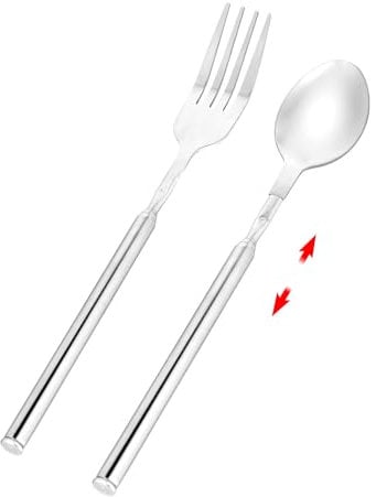 Cuillère Fourchette Extensible, Fourchette et Cuillère Télescopiques Acier Inoxydable Fourchette Longue Rallonge Cuillère Télescopique s'Étend Jusqu'à 64cm Vaisselle pour Barbecue Aux Fruits