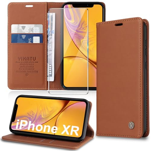 Migexxkj Handyhülle für iPhone XR Hülle [mit Schutzfolie][Premium PU Leder] Klapphülle Kartenfach Magnetic Ständer Flip Case Cover Etui Tasche Schutzhülle für iPhone XR 6.1“ (Brown)