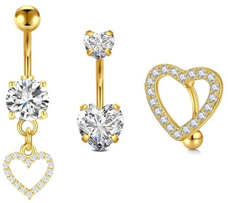 FECTAS 3pcs Bauchnabelpiercing Gold Chirurgenstahl Bauchpiercing Piercing Bauchnabel Schmuck Herz 10mm