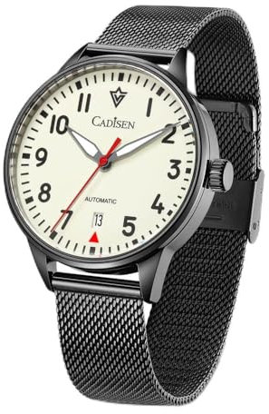 CADISEN Neue Pilot Mechanische Herrenuhr, All Night Glow Zifferblatt Japanisches NH35 Uhrwerk, Lässige wasserdichte Uhr, silber, schwarz