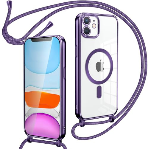 Oelrstfe Funda Transparente con Cuerda para iPhone 11,Carcasa Magnética Suave Silicona Case Antichoque con Correa Colgante Ajustable Collar Correa de Cuello Cadena Cordón para iPhone 11,Morado