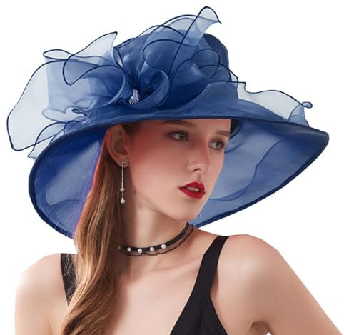 ZESLIV Damenhut Organza Hut Hochzeit Anlasshut Brauthut Sonnenhut mit Organza Blumen Sommerhut Sonnenschutz Strandhut, Dunkelblau