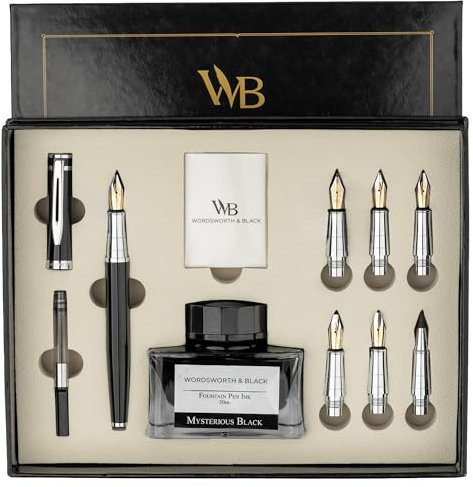 Wordsworth & Black Set regalo penna per calligrafia, include bottiglia d'inchiostro, 6 cartucce d'inchiostro, convertitore ricarica d'inchiostro, 6 punte di ricambio, Pacchetto Premium [Cromo Blu]