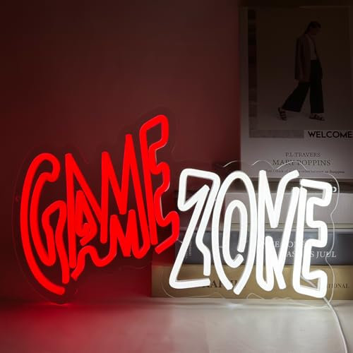 YUEYYNS Game Zone Neon Schild Game LED Neonschilder Gamer LED Neonlicht USB Brief Rot Weiß Leuchtreklame für Spielraum, Spiel Zone, Mann Höhle, Geschenke für Gamer, Jungen