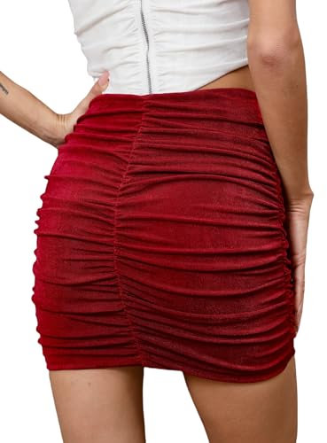 Missufe Damen Stretch Hohe Taille Geraffte Bodycon Cocktail Party Club Kurzer Rock (Burgunderrot, Mittel)