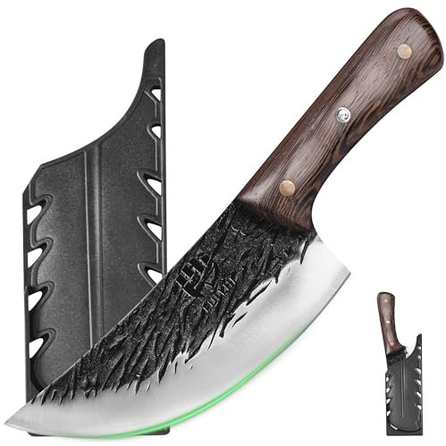 FULLHI Poignée en bois Couperet à viande lourd avec gaine, tranchage de viande de chef en acier à haute teneur en carbone pour le camping à la maison (marron, 17.4cm)