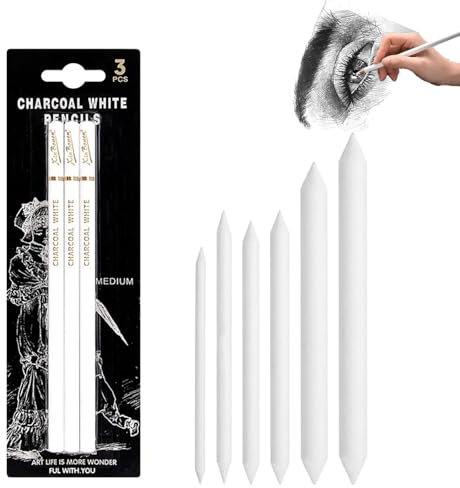 Matite Bianca, Matita di Carbone Bianco, Schizzi Professionali Evidenzia Penna, 3 Pezzi Penne da Disegno a Carboncino Bianco, 6 Pezzi Sfumino per Disegno, Carboncino Matita, Morbido/Medio/Duro