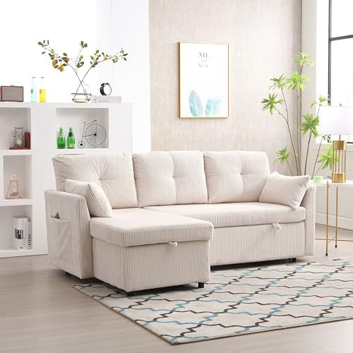 Multifunktionales Schlafsofa mit ausziehbarem Bett, Schlafsofa mit austauschbarer Chaiselongue, Sofagarnitur mit Aufbewahrungssitz, L-förmiges Sofa, Ecksofagarnitur für Wohnzimmer (Beige)