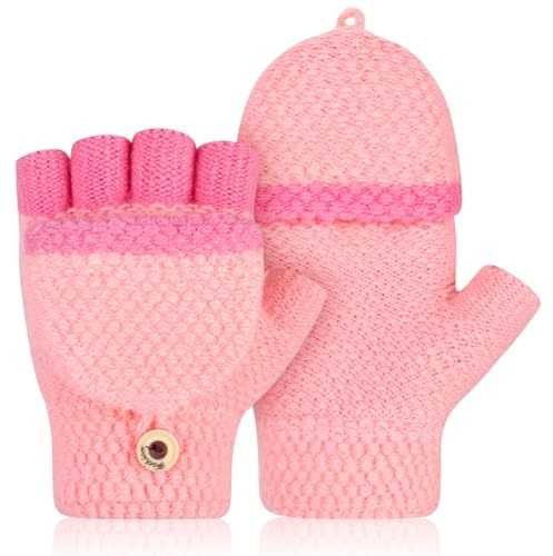 Kiiwah 1P Kid PS Flip Gloves-S Fingerhandschuhe Kinder mit Kappe, Winter Handschuhe Fingerlose für Mädchen Jungen 3-8 Jahren, Warme Kinderhandschuhe Stricken