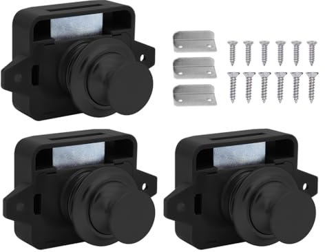 Abiyou 3PCS Cerradura Cierre de Botón, Cerradura Puerta Boton, Cierres de Botón sin Llave, Bloqueo de Botón de Gabinete, Cerradura de Botón para Puertas, para Camper, Caravana, Muebles (Negro)